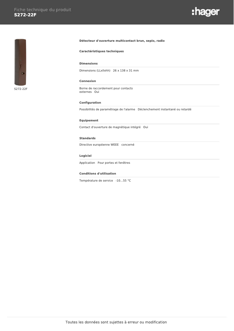 Page n°1 - Fiche technique Hager S272-22F