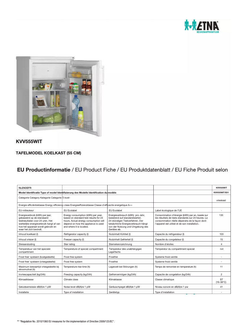Page 1 de la notice Fiche technique Etna KVV555WIT