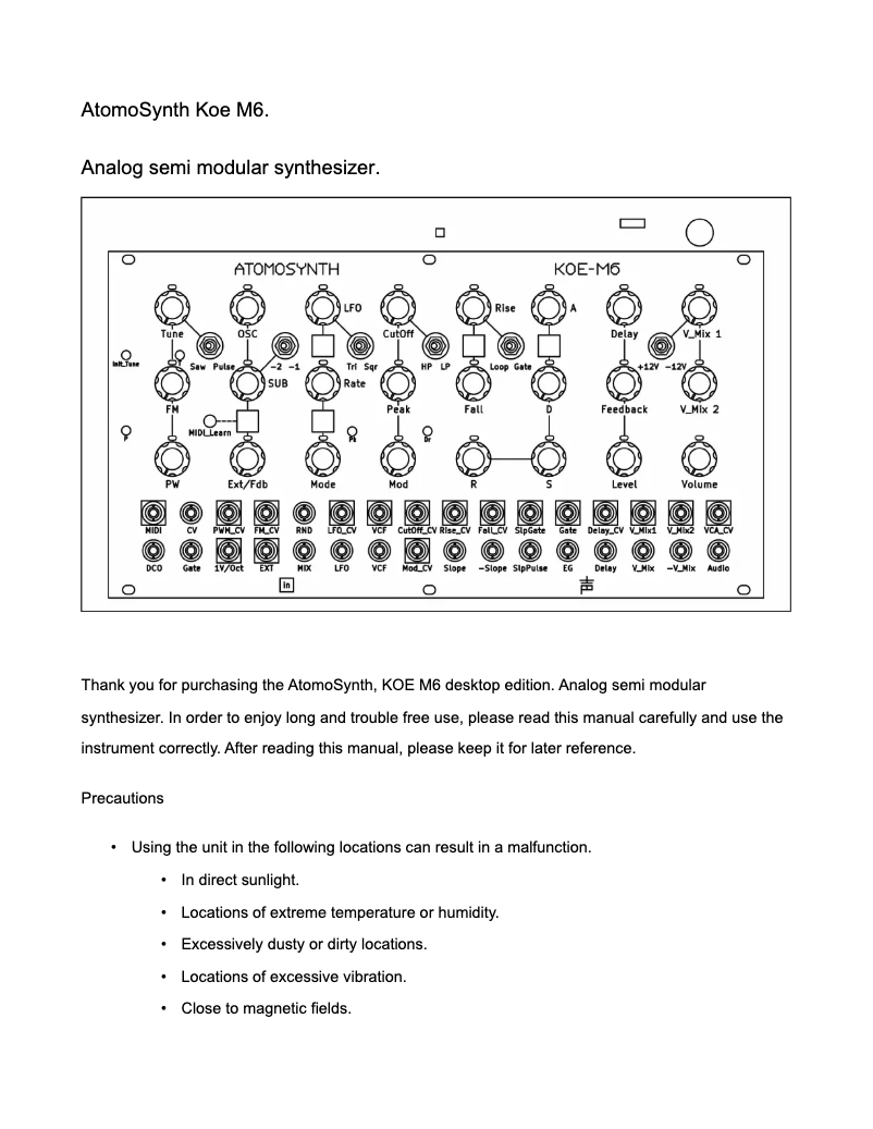 Page n°1 - Manuel utilisateur AtomoSynth KOE-M6