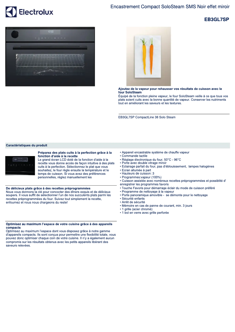 Page 1 de la notice Fiche technique Electrolux EB3GL7SP