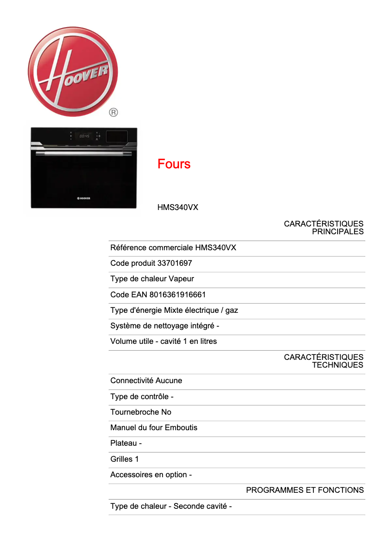 Page n°1 - Fiche technique Hoover HMS340VX