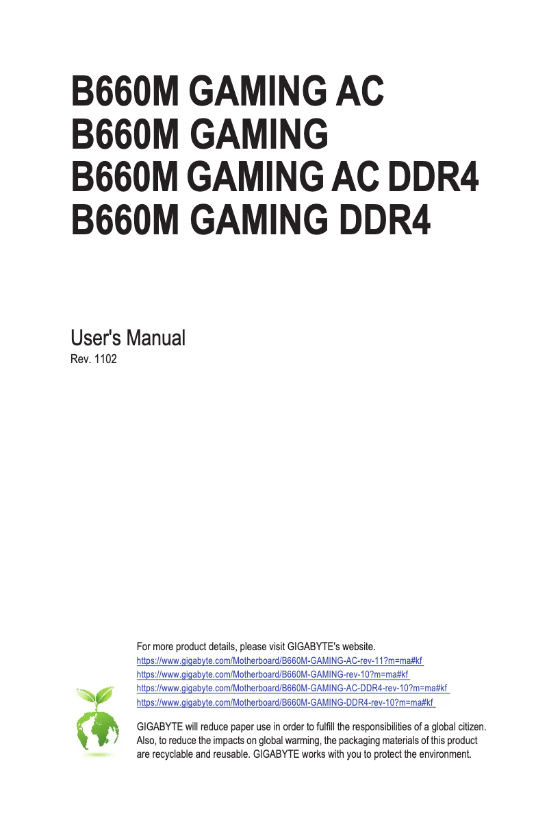 Page 1 de la notice Manuel utilisateur Gigabyte B660M Gaming DDR4