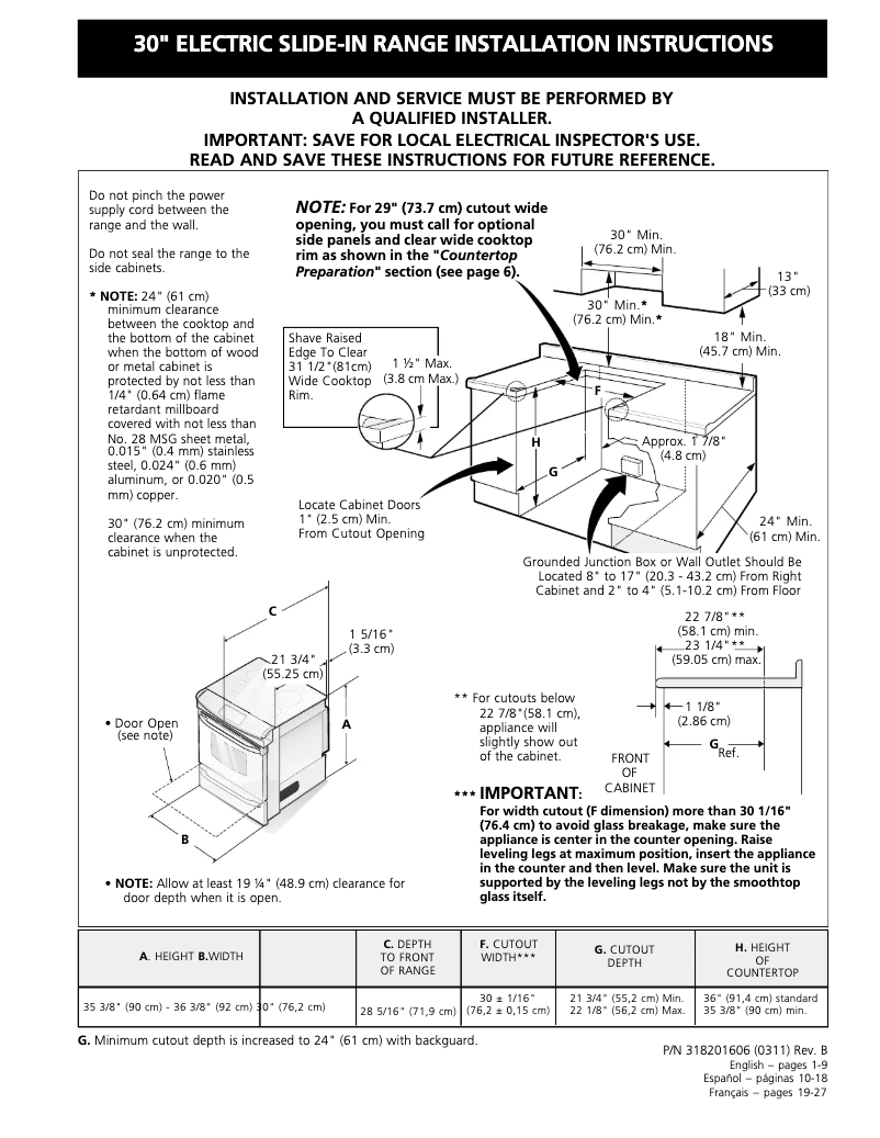 Página 1 del manual Guía de instalación Frigidaire FES355DB