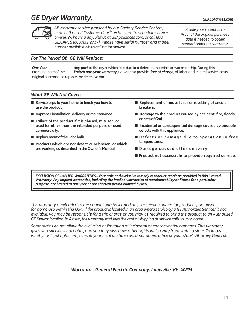 Page 1 de la notice Informations de garantie GE GTD42GASJWW