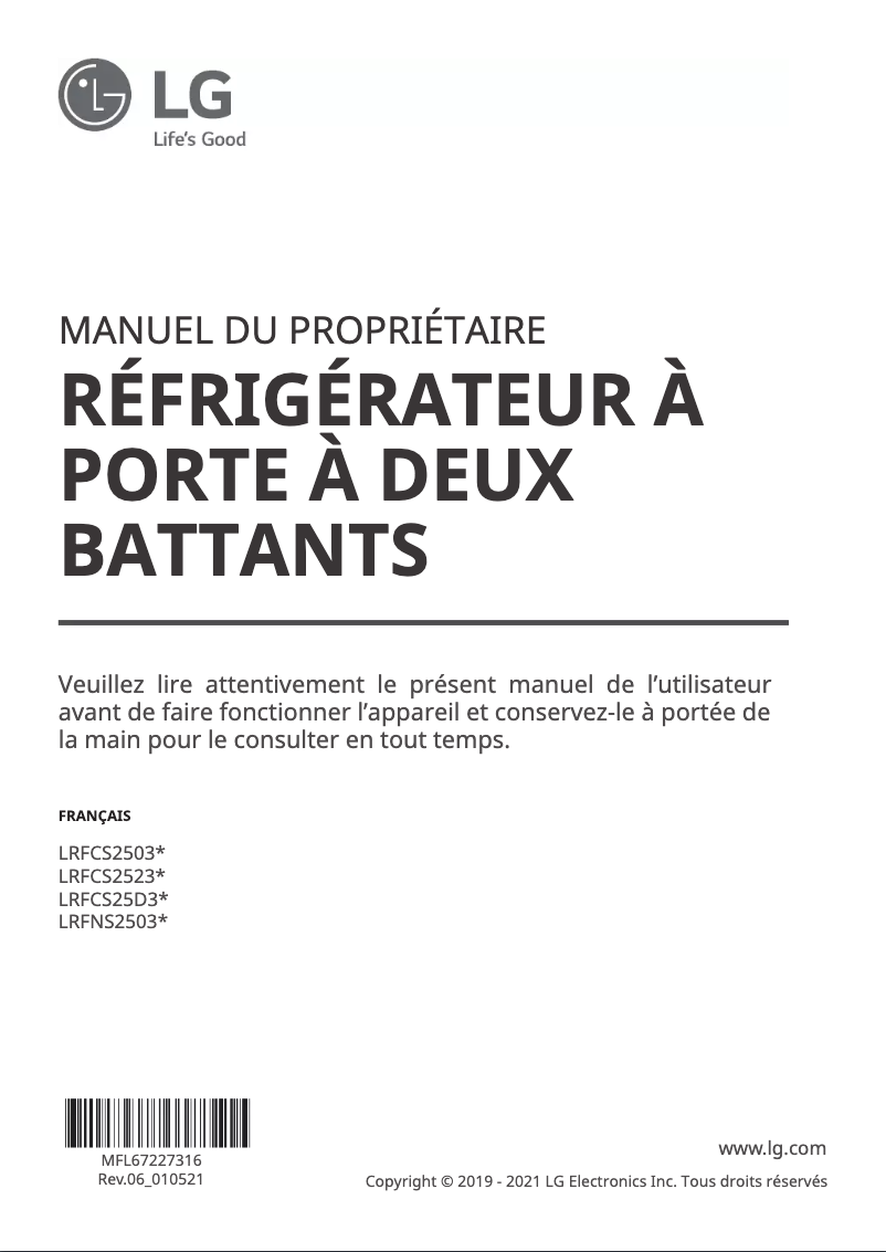 Imagen de la primera página del manual del dispositivo LRFCS2503D