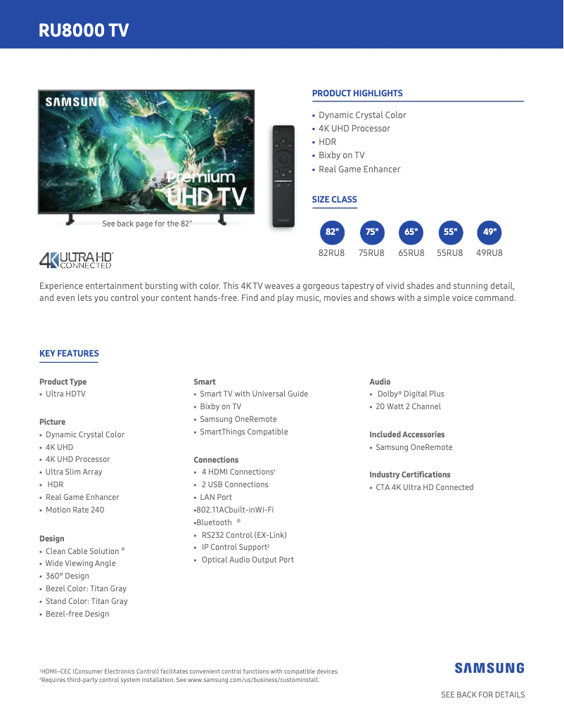 Page 1 de la notice Fiche technique Samsung UN75RU8000FXZA