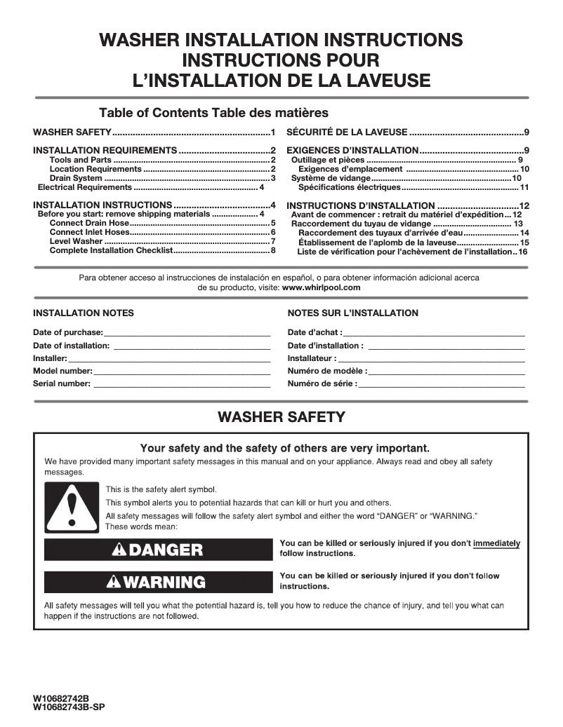 Page n°1 - Guide d'installation Whirlpool WTW8700E