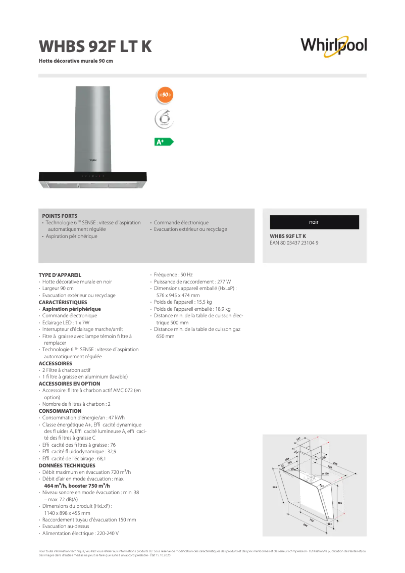 Page 1 de la notice Fiche technique Whirlpool WHBS 92F LT K