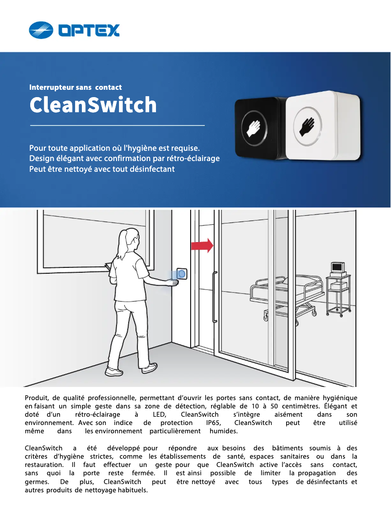 Page 1 de la notice Fiche technique Optex CleanSwitch LED