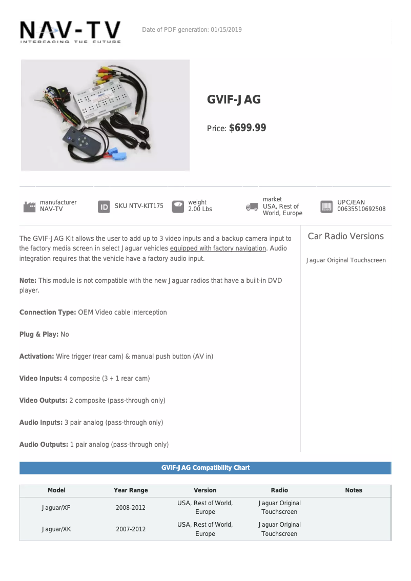 Page n°1 - Fiche technique NAV-TV NTV-KIT175