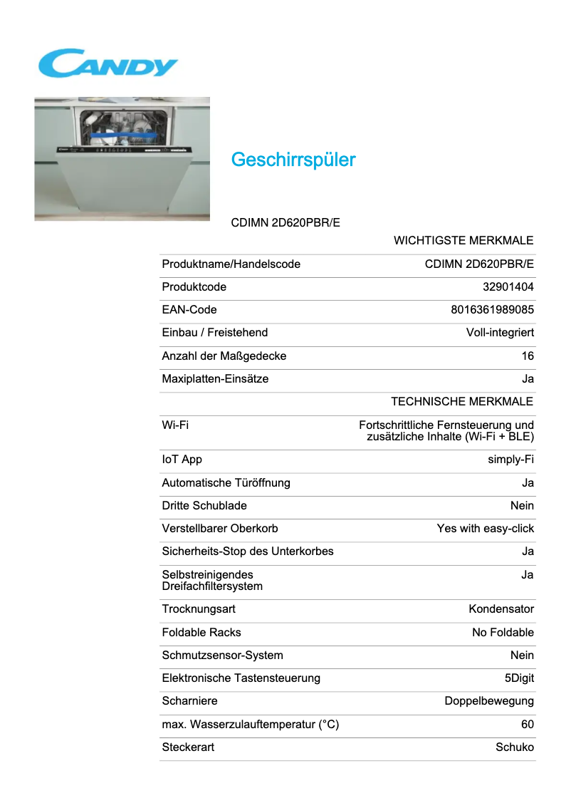 Page 1 de la notice Fiche technique Candy CDIMN 2D620PBR/E