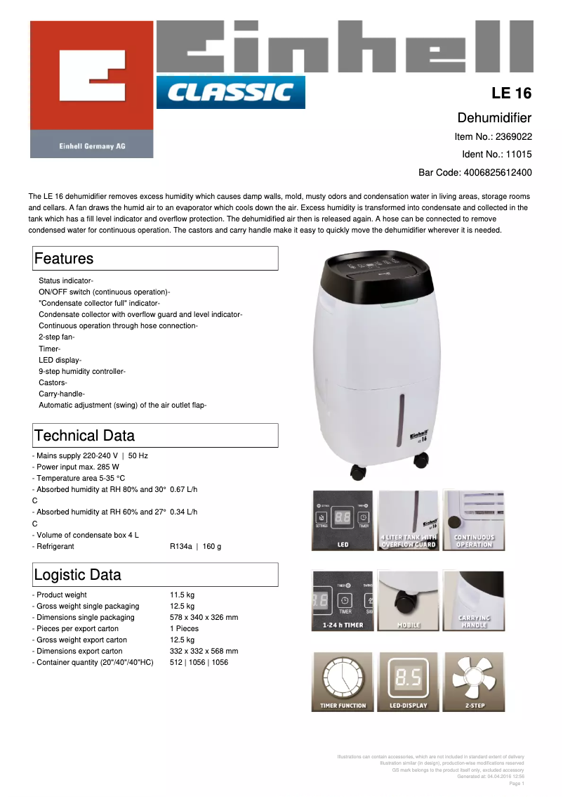 Page n°1 - Fiche technique Einhell LE 16