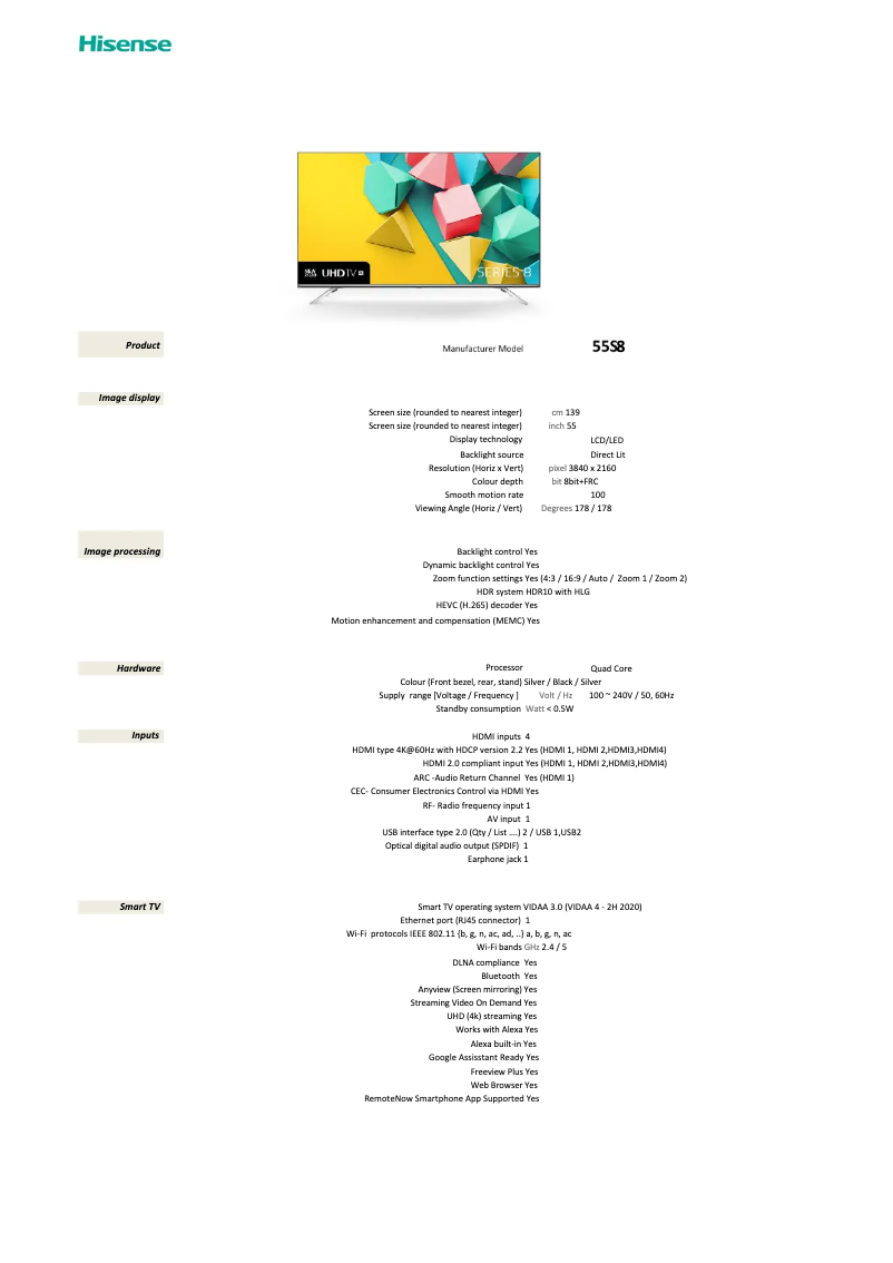 Page 1 de la notice Fiche technique Hisense Series 8 55S8