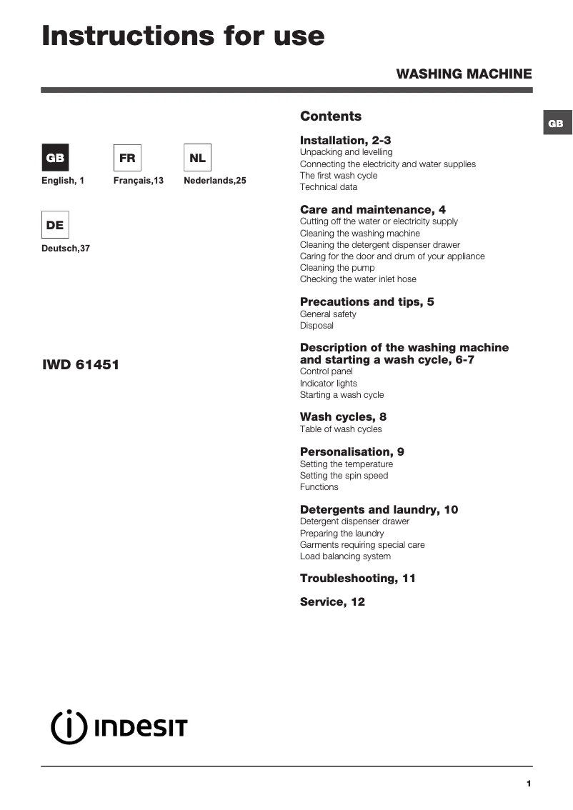 Page 1 de la notice Manuel utilisateur Indesit IWD 61451 C ECO EU