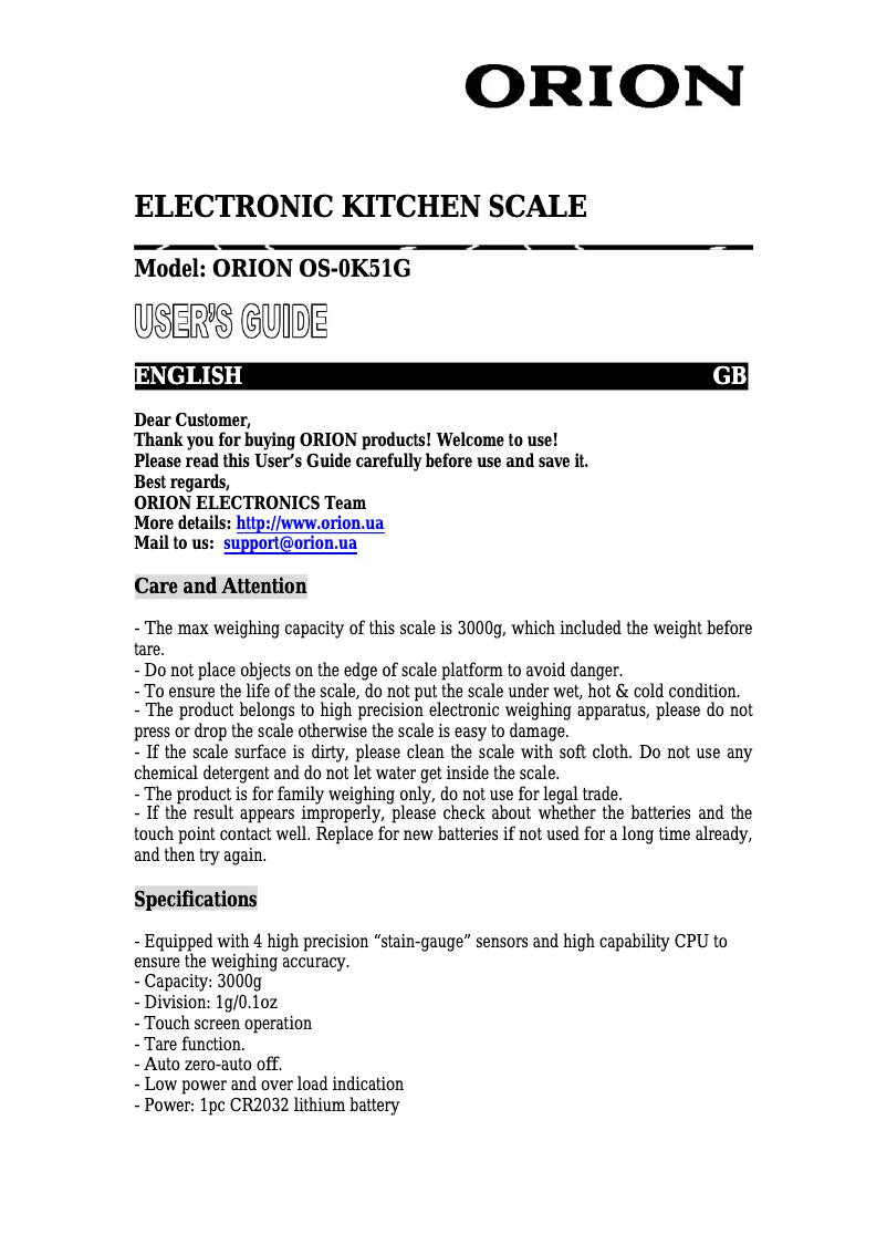 Page 1 de la notice Manuel utilisateur Orion OS-0K51G