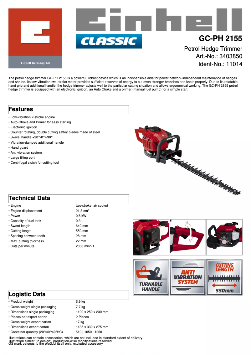 Page n°1 - Fiche technique Einhell GC-PH 2155