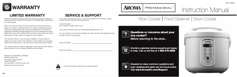 Page 1 de la notice Manuel utilisateur Aroma ARC-2000A