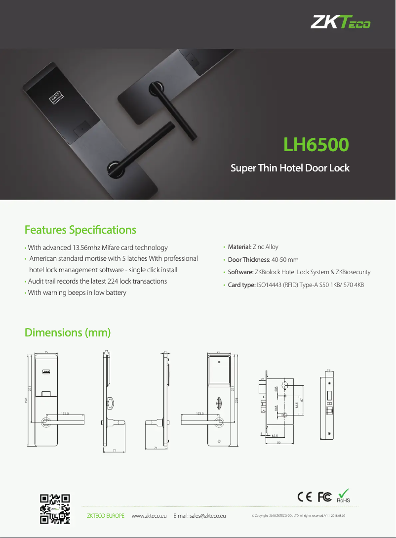 Page 1 de la notice Fiche technique ZKTeco LH6500