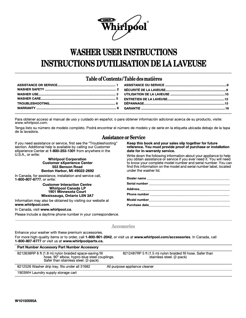 Page n°1 - Manuel utilisateur Whirlpool WTW5800SW