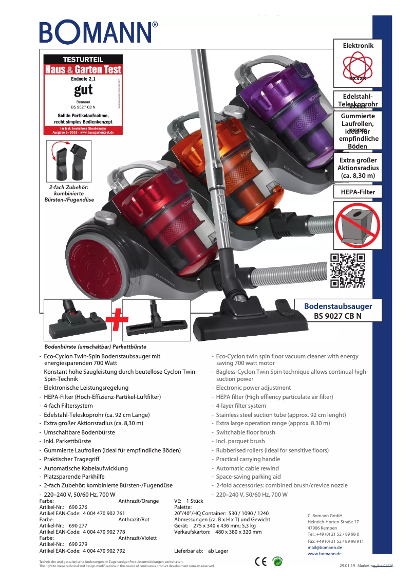 Page n°1 - Fiche technique Bomann BS 9027 CB N