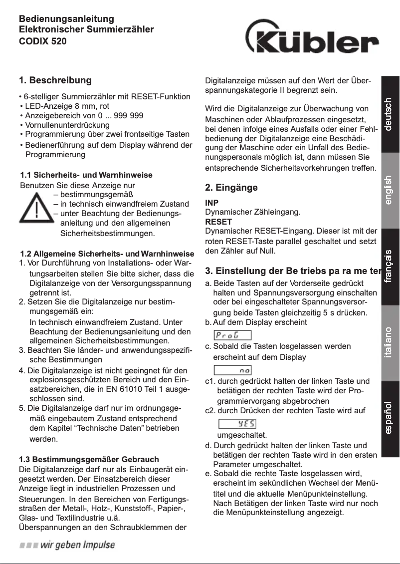Page n°1 - Manuel utilisateur Kübler CODIX 520