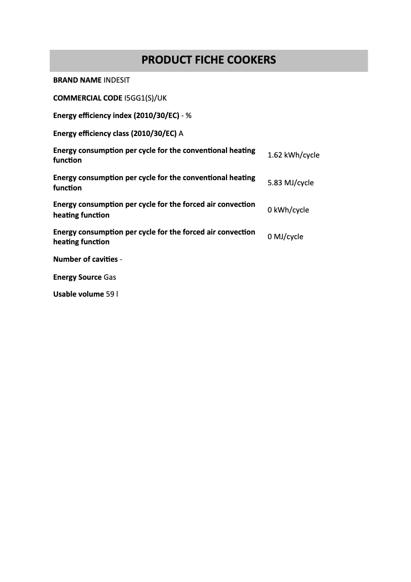 Page 1 de la notice Fiche technique Indesit I5GG1(S)/UK