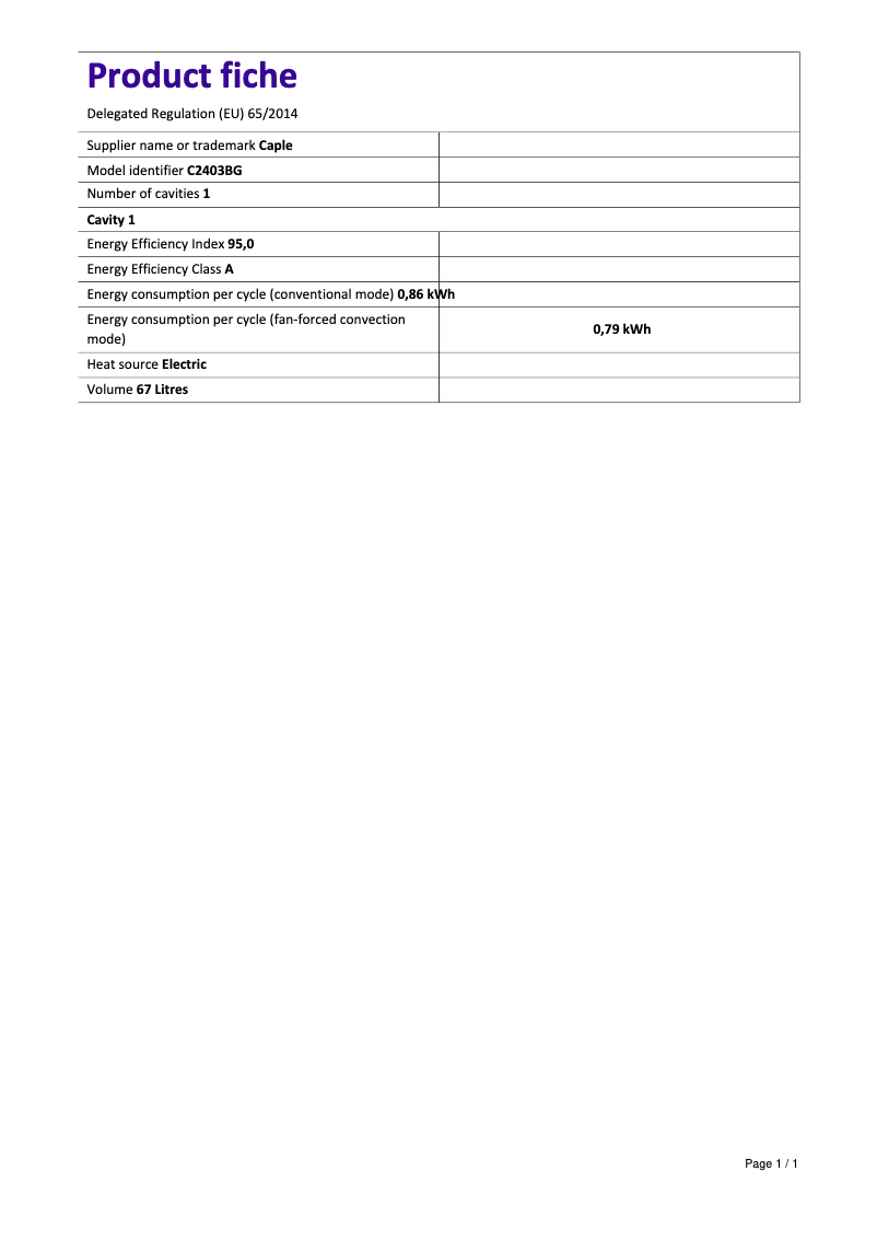 Page n°1 - Fiche technique Caple C2403