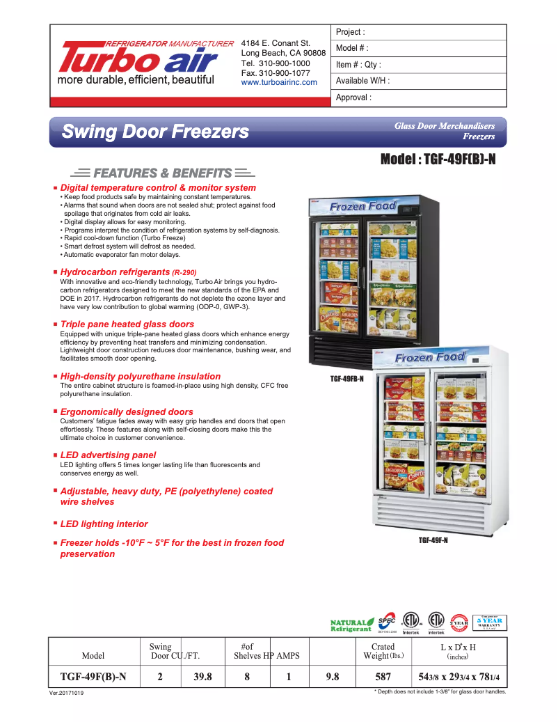 Page 1 de la notice Fiche technique Turbo air TGF-49F