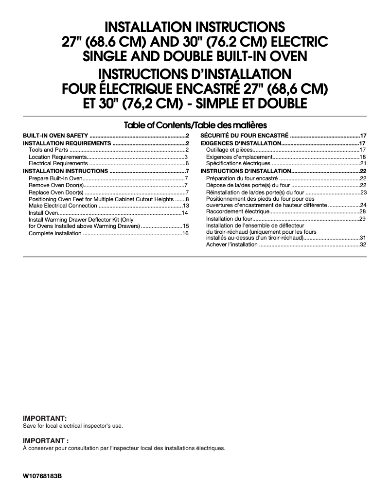 Page n°1 - Guide d'installation JennAir JJW2730DS