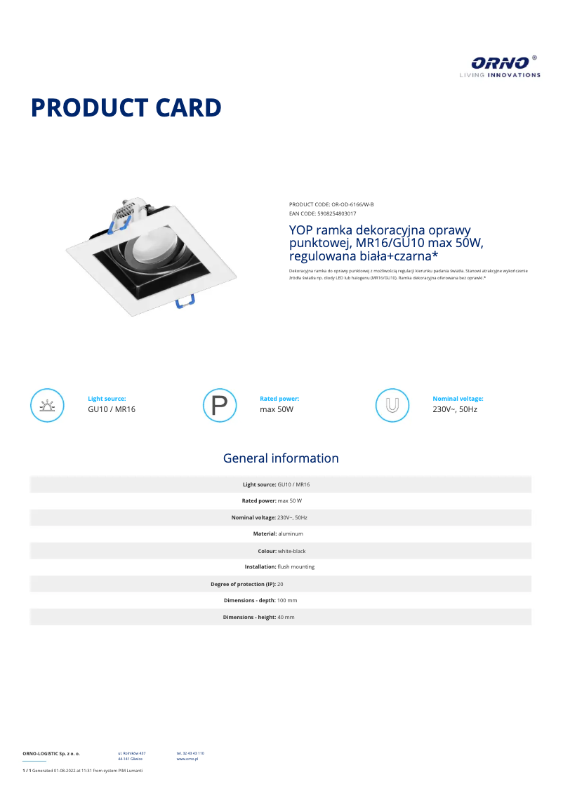 Page 1 of the manual Technical Sheet ORNO OR-OD-6166