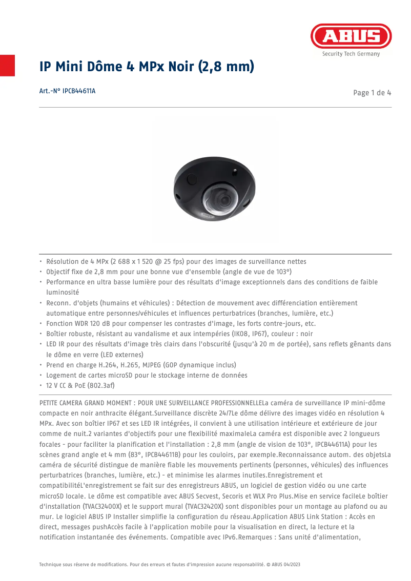 Page 1 de la notice Fiche technique Abus IPCB44611A