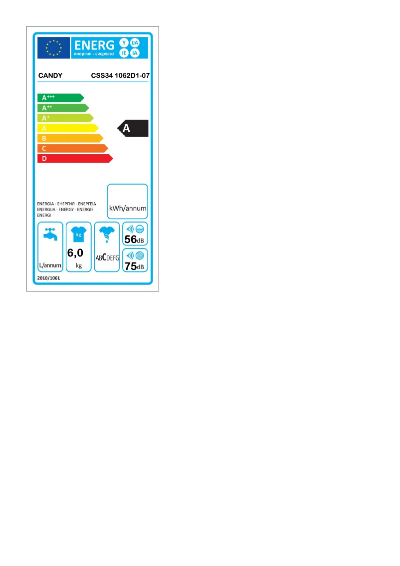 Page n°1 - Label énergétique Candy CSS34 1062D1-07