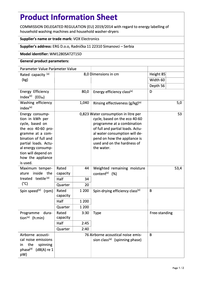 Page 1 de la notice Fiche technique VOX WM1280-SAT2T15D