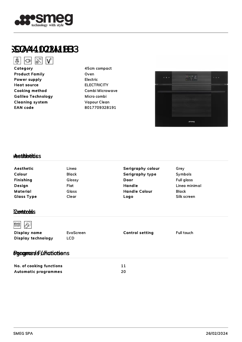 Page n°1 - Fiche technique Smeg SOA4102M1B3