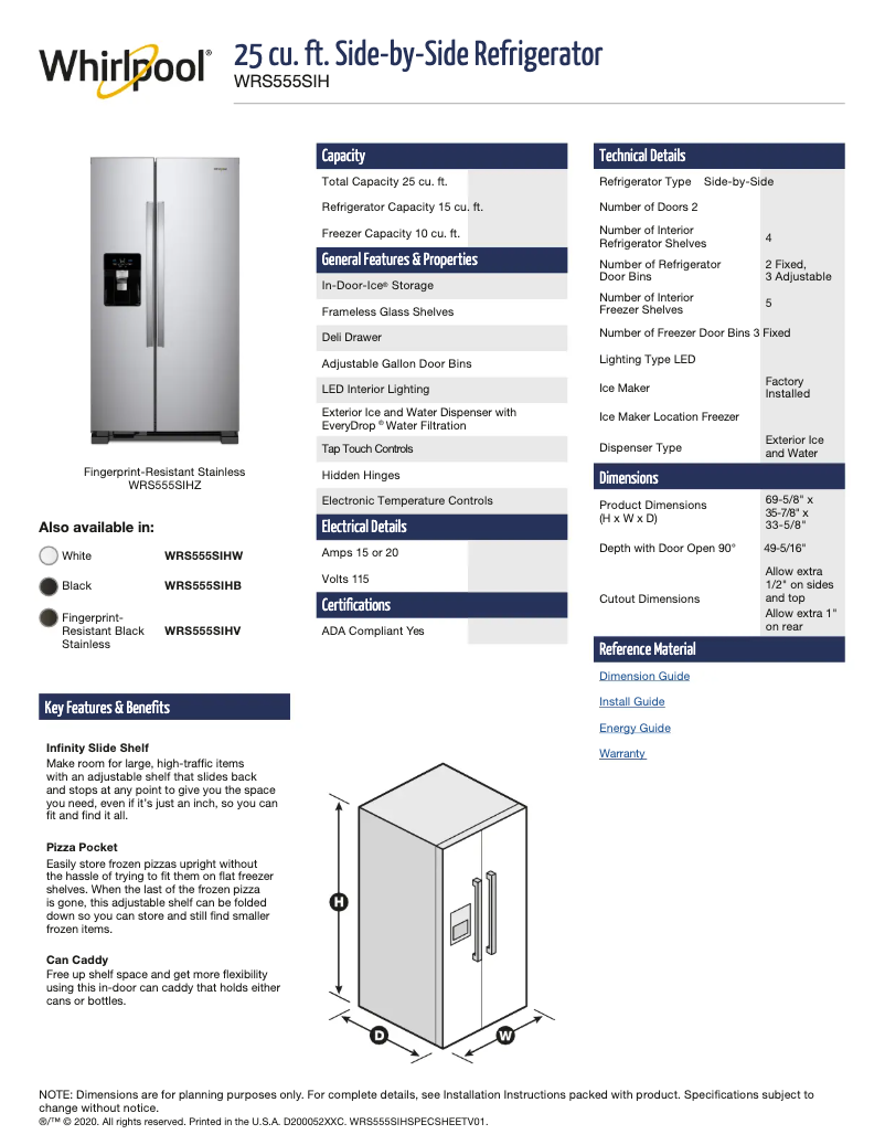 Page 1 de la notice Fiche technique Whirlpool WRS555SIHW
