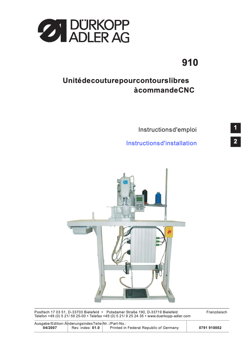 Page n°1 - Guide d'installation Dürkopp Adler 910