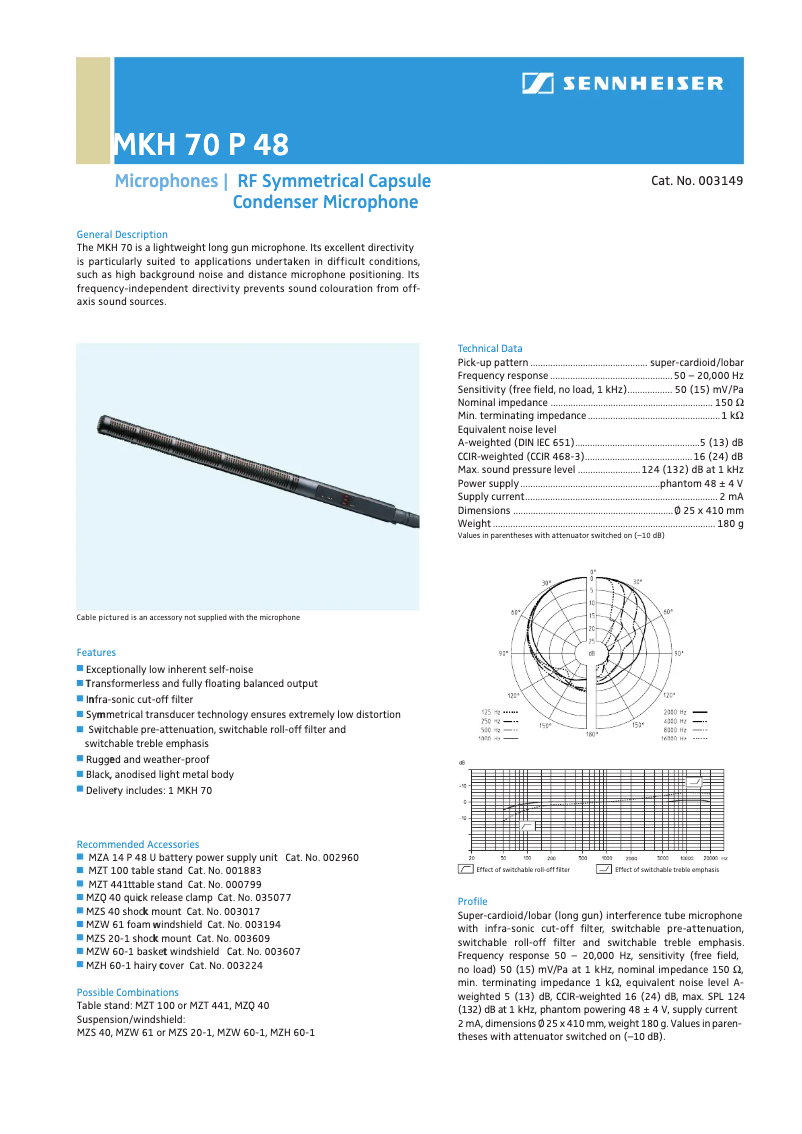 Page 1 de la notice Fiche technique Sennheiser MKH 70-1