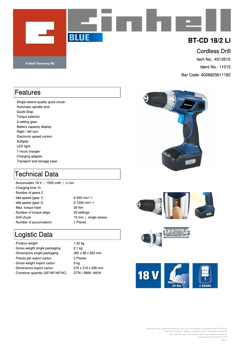 Page n°1 - Manuel utilisateur Einhell BT-CD 18/2 Li