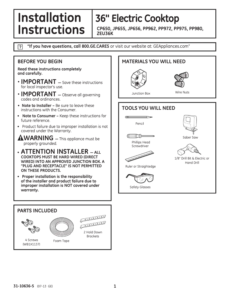 Page n°1 - Guide d'installation GE JP656SDSS
