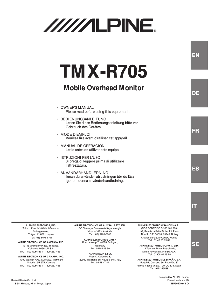 Page n°1 - Manuel utilisateur Alpine TMX-R705