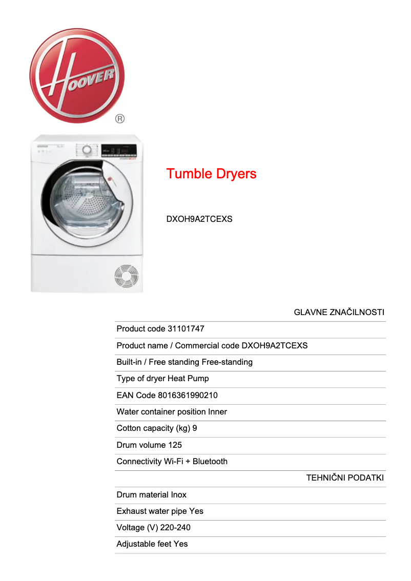 Page 1 de la notice Fiche technique Hoover DXOH9A2TCEXS