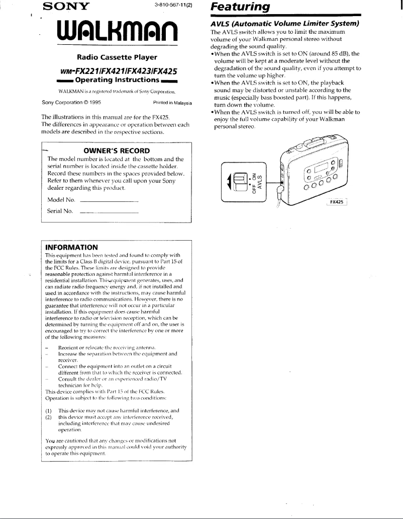 Page 1 de la notice Manuel utilisateur Sony Walkman WM-FX221