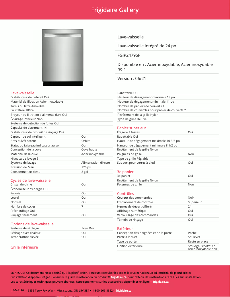 Página 1 del manual Ficha técnica Frigidaire FGIP2479SF