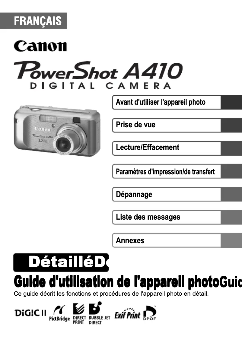 Page 1 de la notice Manuel utilisateur Canon PowerShot A410