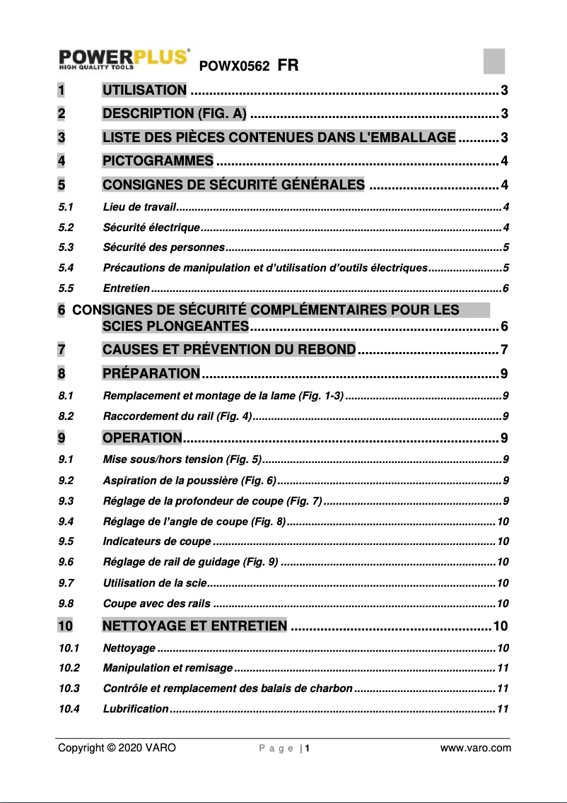 Page 1 de la notice Manuel utilisateur PowerPlus POWX0562