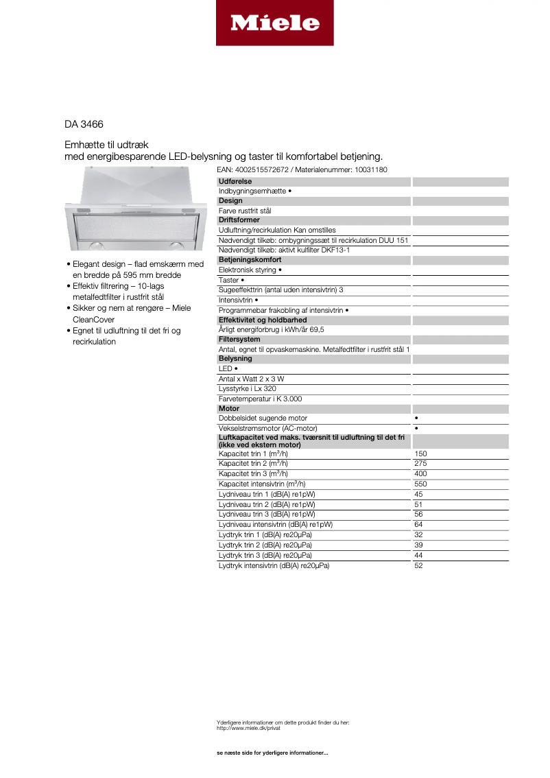 Page n°1 - Fiche technique Miele DA 3466