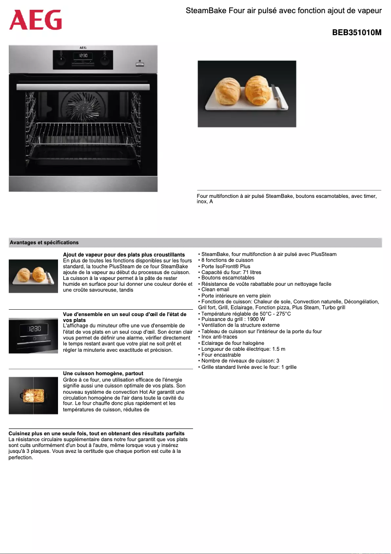 Page 1 de la notice Fiche technique AEG BEB351010M