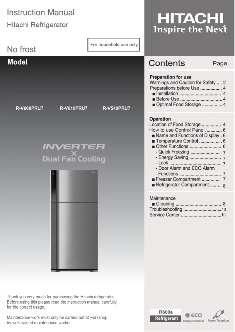 Page 1 de la notice Manuel utilisateur Hitachi R-V610PRU7