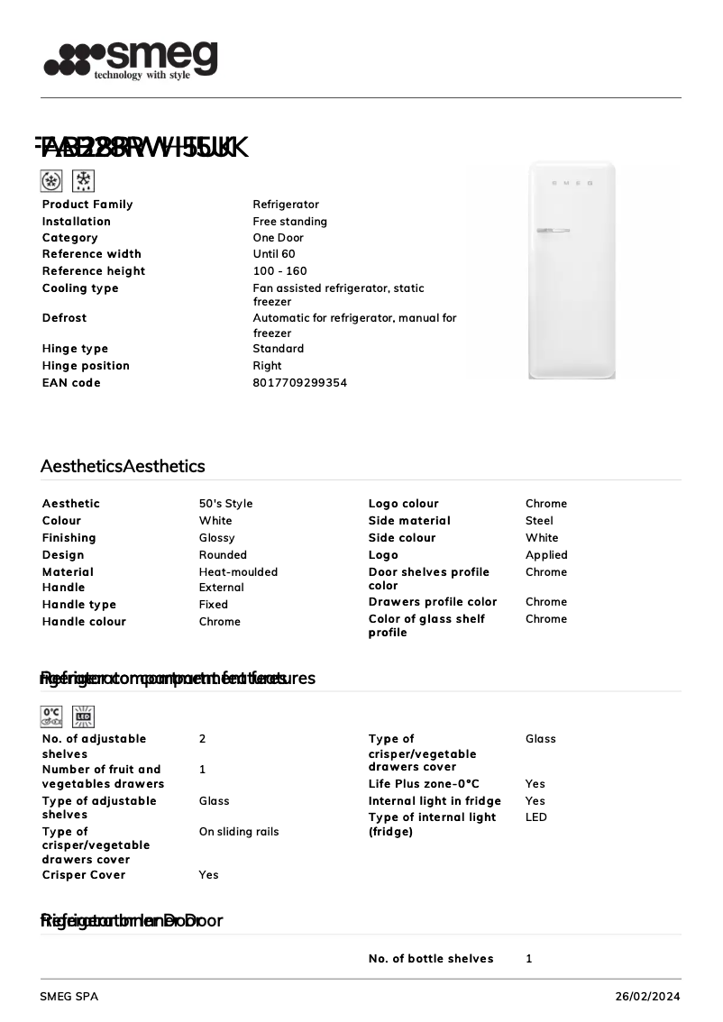 Page 1 de la notice Fiche technique Smeg FAB28RWH5UK