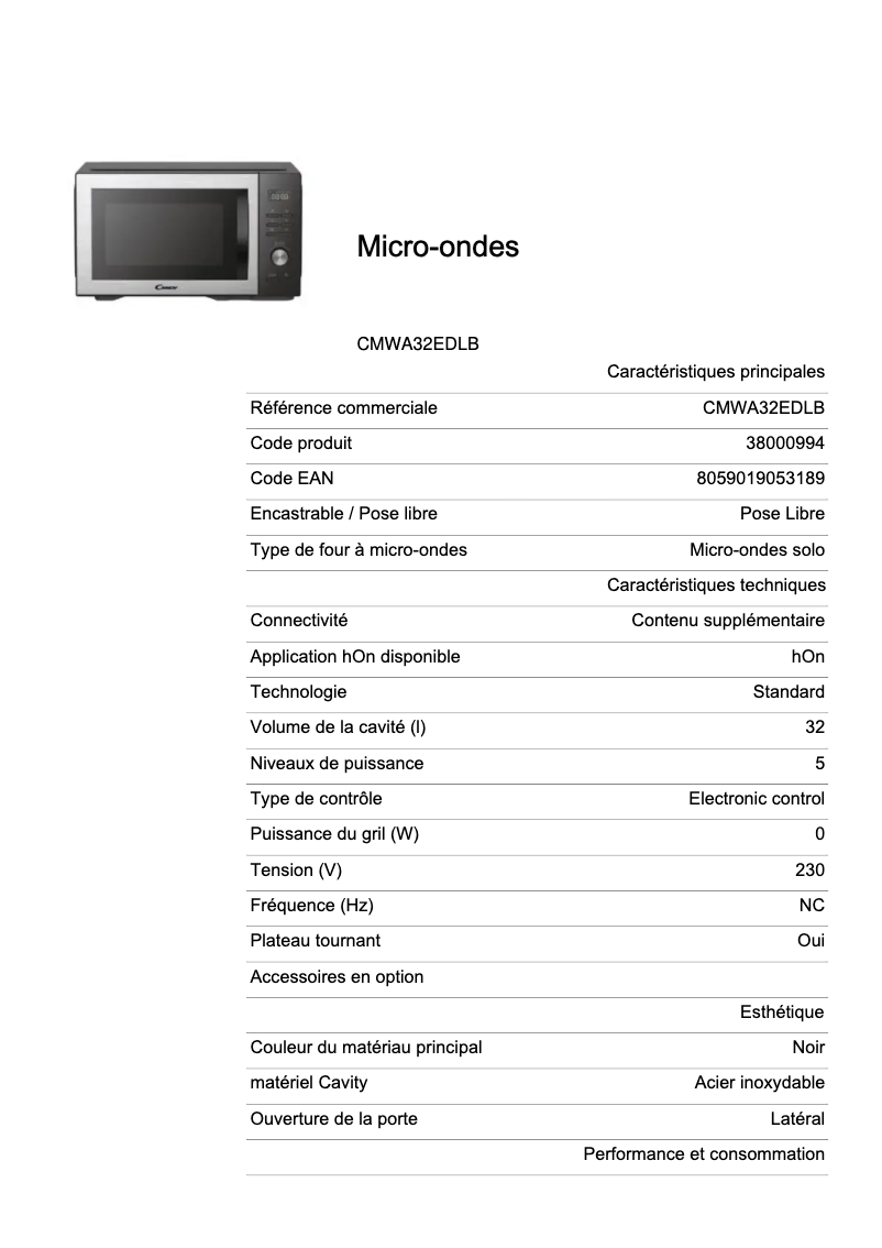Page 1 de la notice Fiche technique Candy CMWA32EDLB